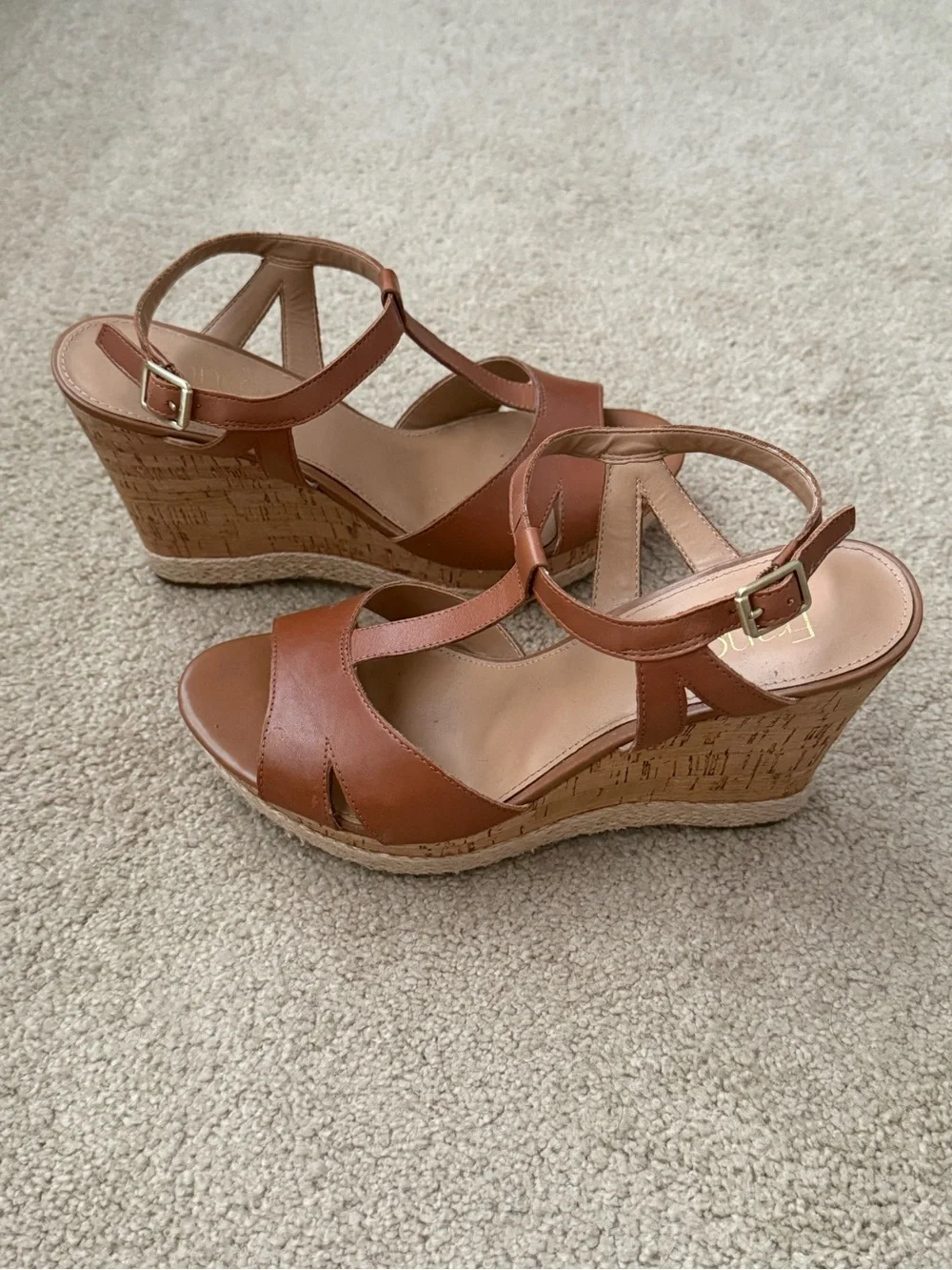 Franco Sarto Brown Leather Cork Wedge Sandals Women’s Size 8.5 - Picture 2 of 9